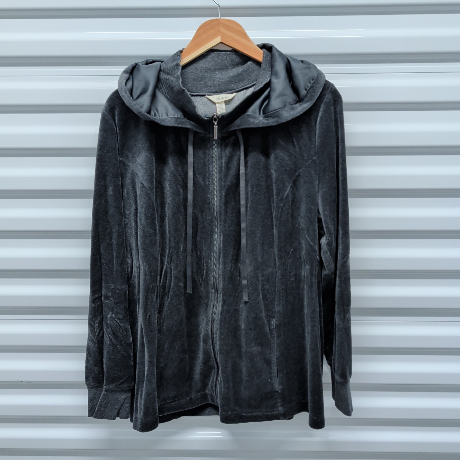 Soma Velour Zip Up Hoodie XL Womens Gray Satin Lined Hood Long Sleeve Lounge — photo 2