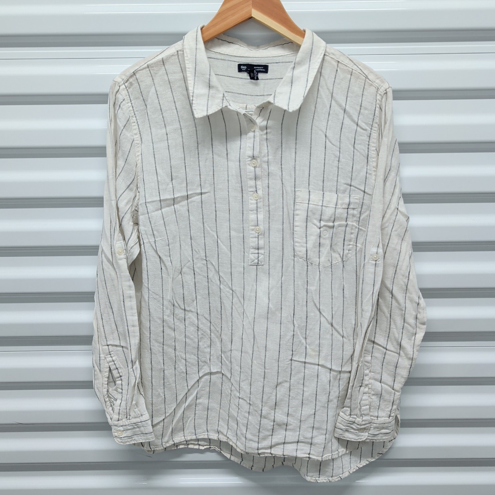 Gap Boyfriend Fit Size XL Womens Ivory Black Striped Linen Blend Henley Tunic — photo 2