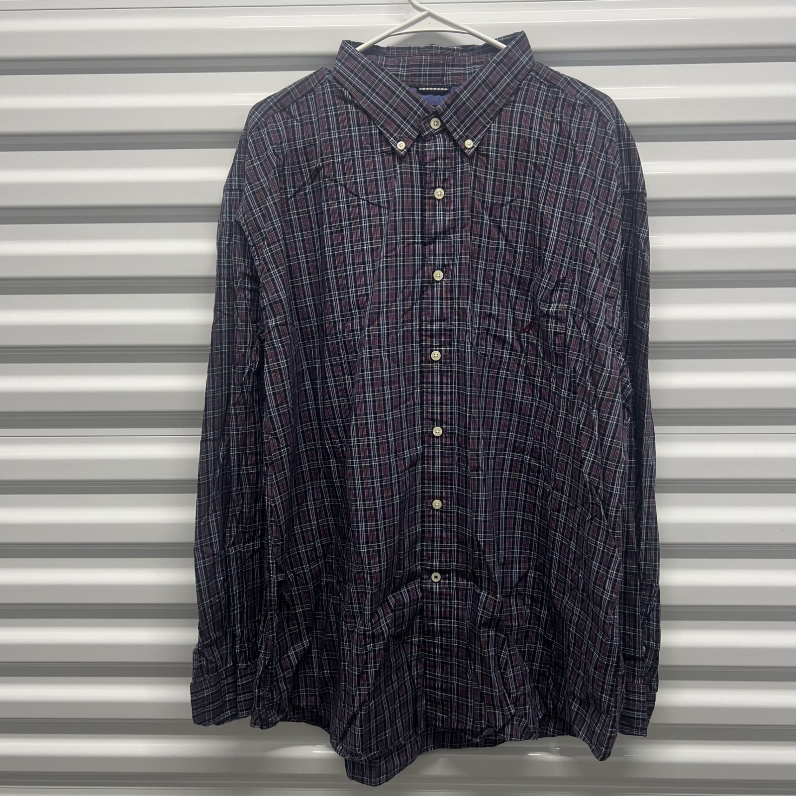 Nautica Plaid Button Down Shirt XXL Mens Burgundy Navy Blue Long Sleeve Cotton — photo 2