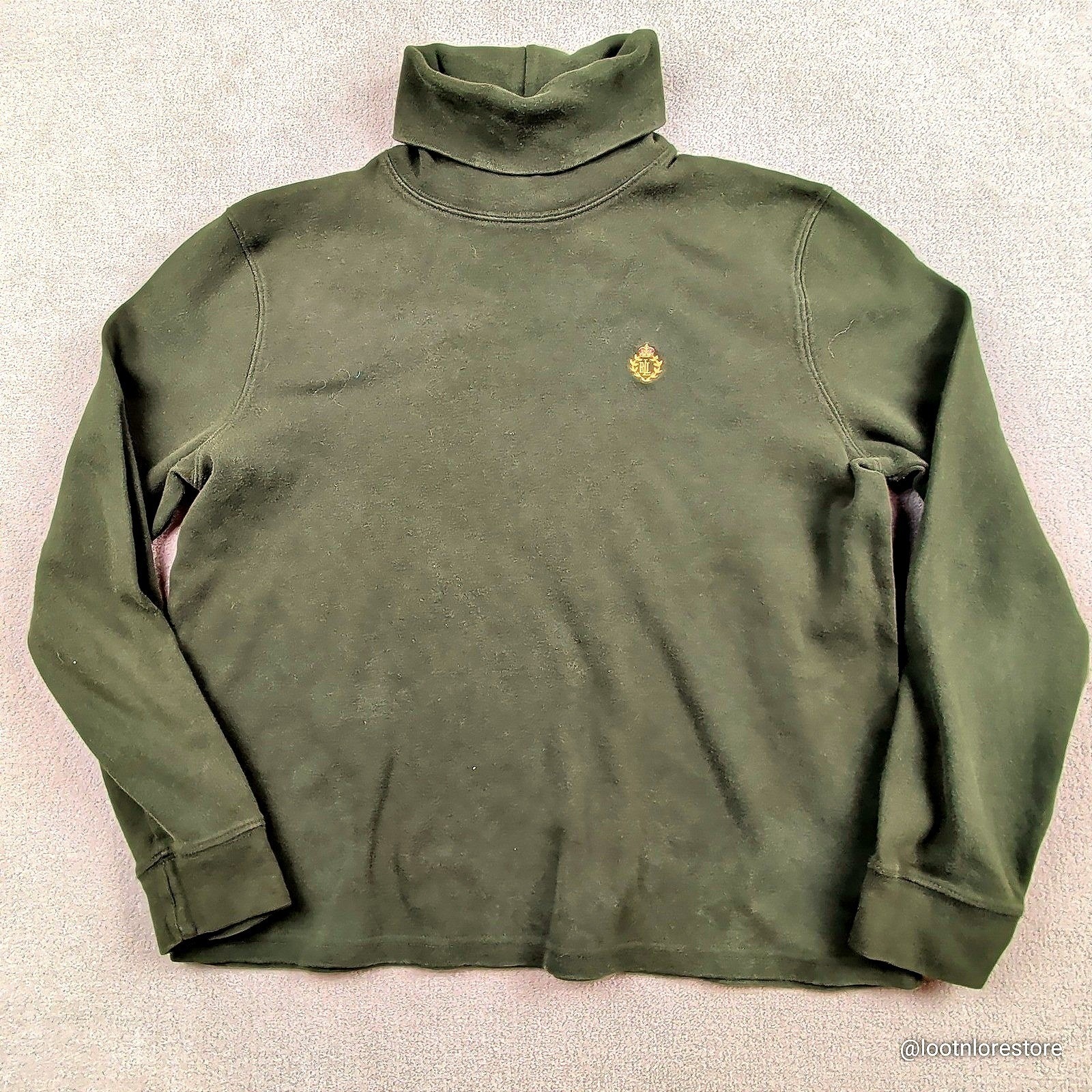 Vintage Lauren Ralph Lauren Turtleneck M Olive Green Cotton Crest Logo Old Money — photo 3