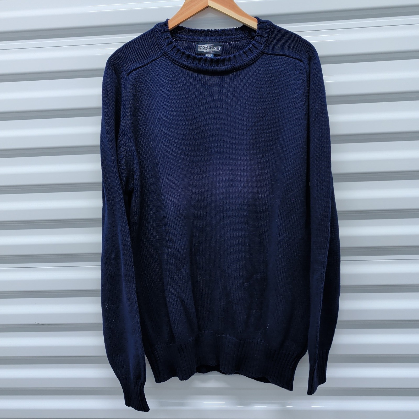 Lands End Sweater Large Long Mens Navy Blue Cotton Crewneck Vintage Made in USA — photo 2