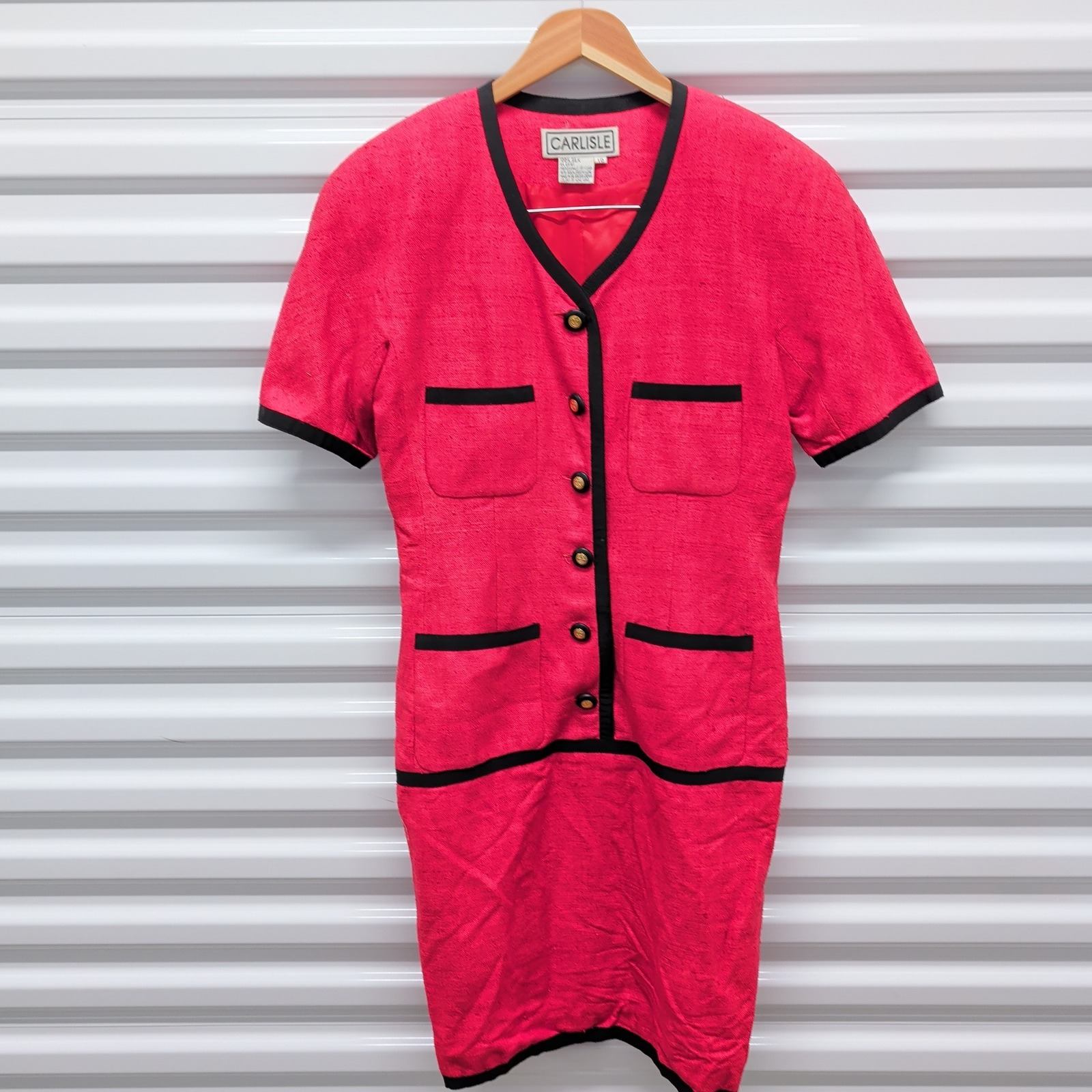 Carlisle Dress 10 Women Pink 100% Silk Short Sleeve V-Neck Black Trim Vintage — photo 2