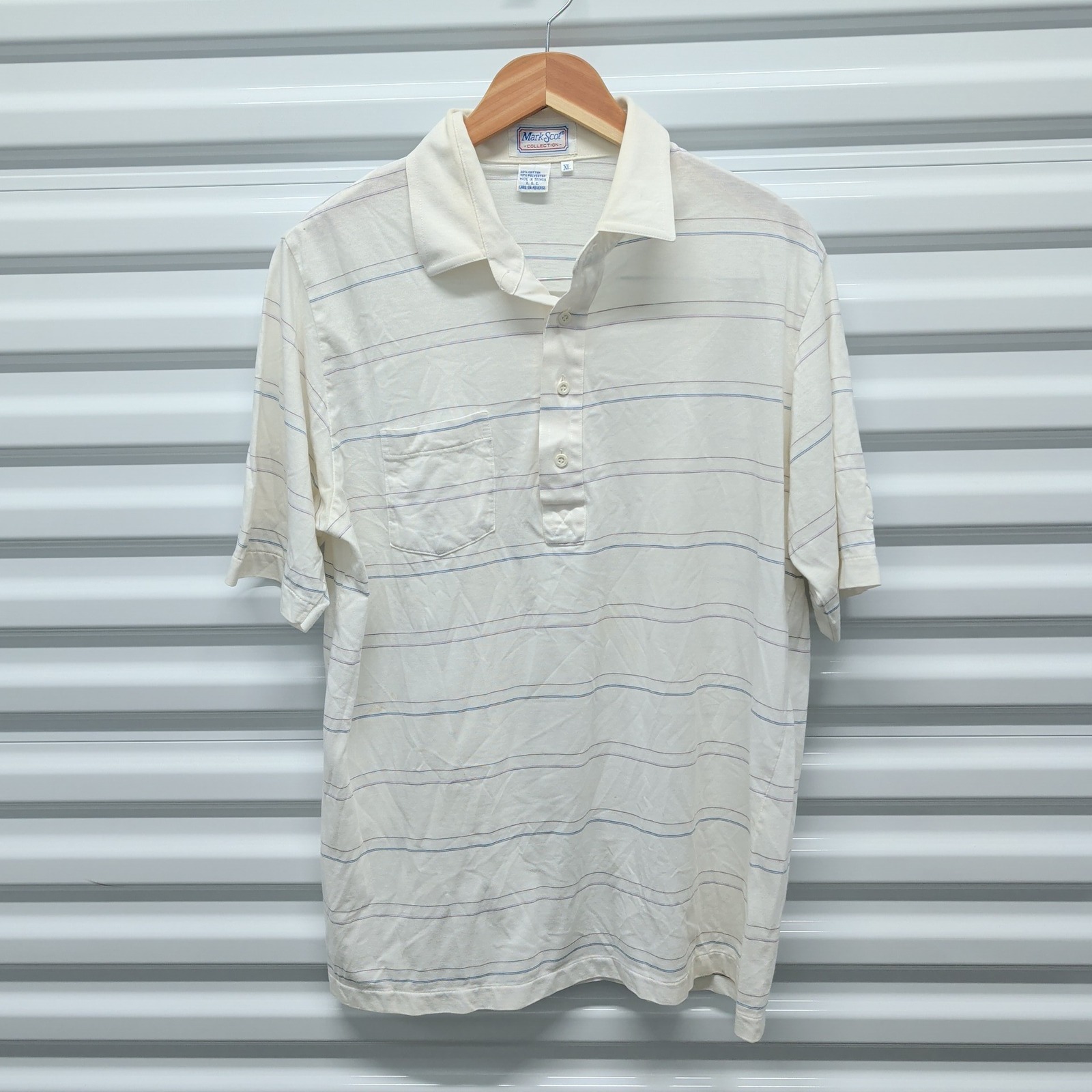Mark Scot Collection XL Mens Polo Shirt Cream Striped Short Sleeve Pocket Logo — photo 2