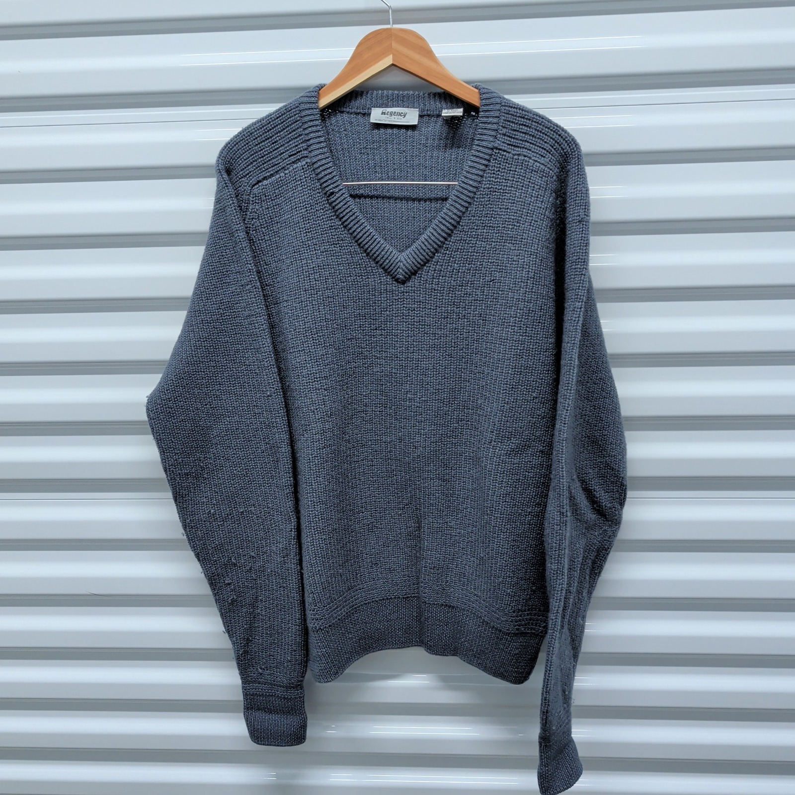Regency Enro XL Tall Mens Blue Gray V-Neck 100% Pure Wool Shaker Knit Sweater — photo 2