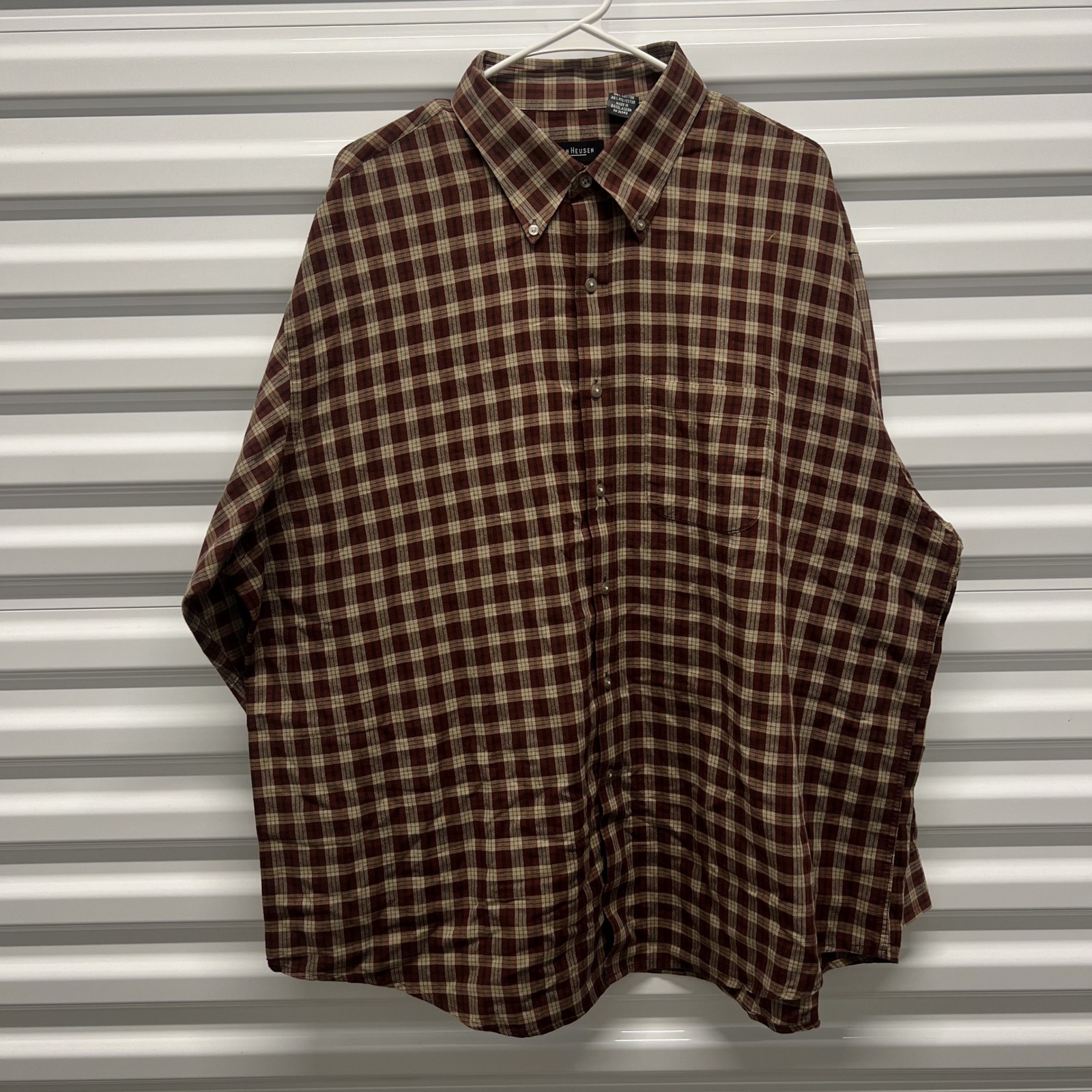 Van Heusen Shirt XXL Mens Maroon Tan Plaid Long Sleeve Button Down Collar — photo 2