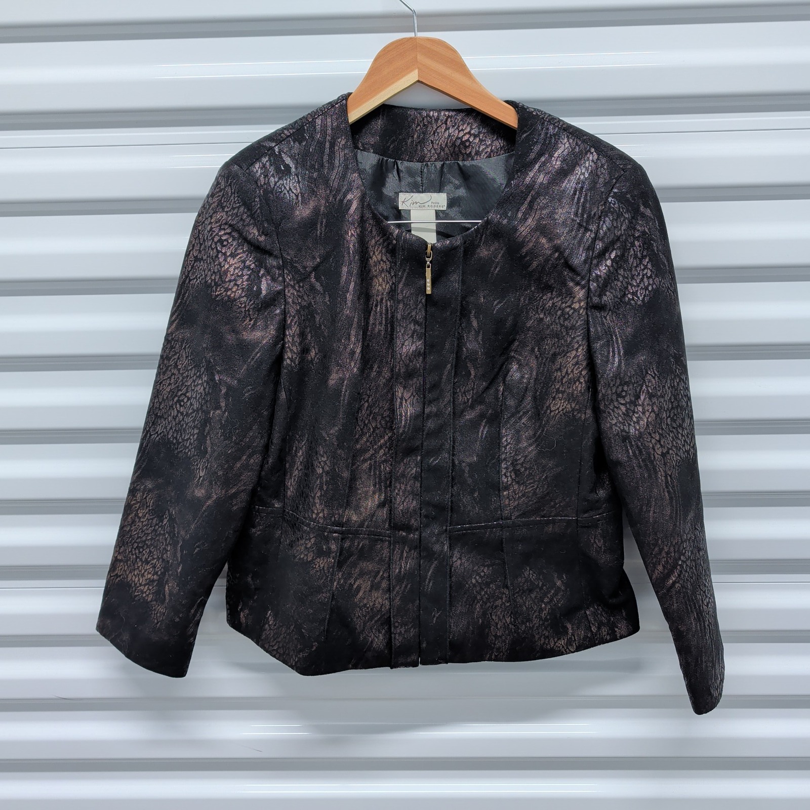 Kim Rogers Jacket Size 8P Womens Metallic Bronze Black Animal Print Zip Blazer — photo 2