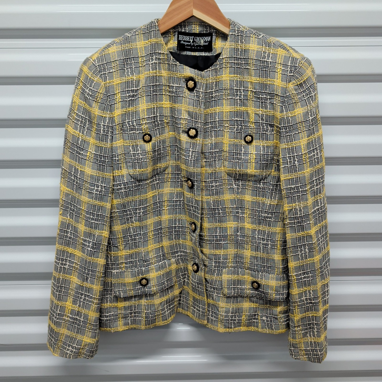 Herbert Grossman Size 10 Vintage Plaid Tweed Blazer Yellow Black Cynthia Sobel — photo 2