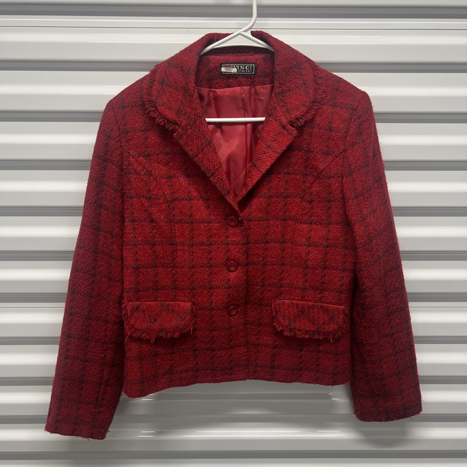 Vinci Clothiers Red Plaid Tweed Fringe Blazer Jacket Womens Size Unknown — photo 2