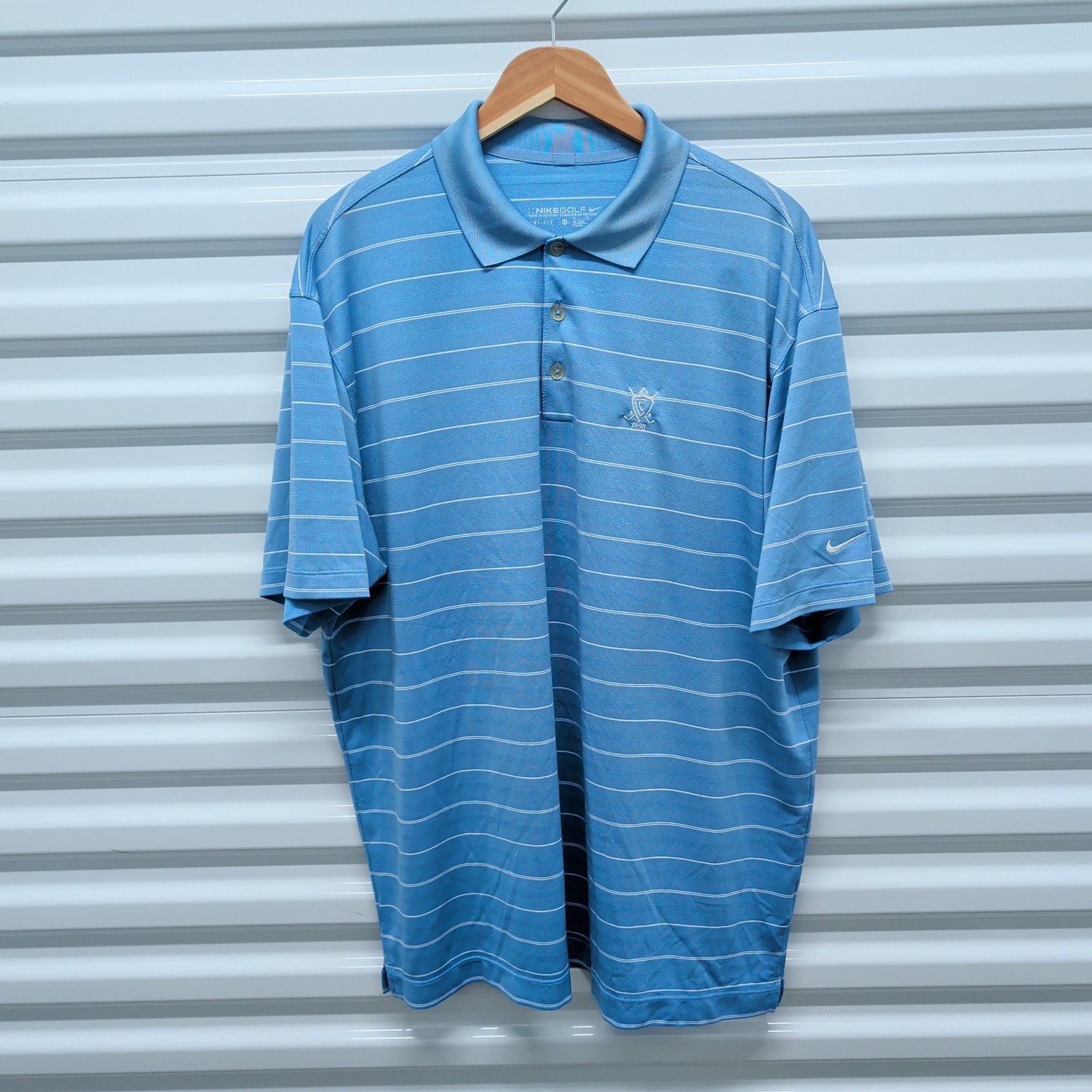 Nike Golf Polo Shirt XL Mens Blue Striped Dri-FIT Short Sleeve 1898 Crest — photo 2